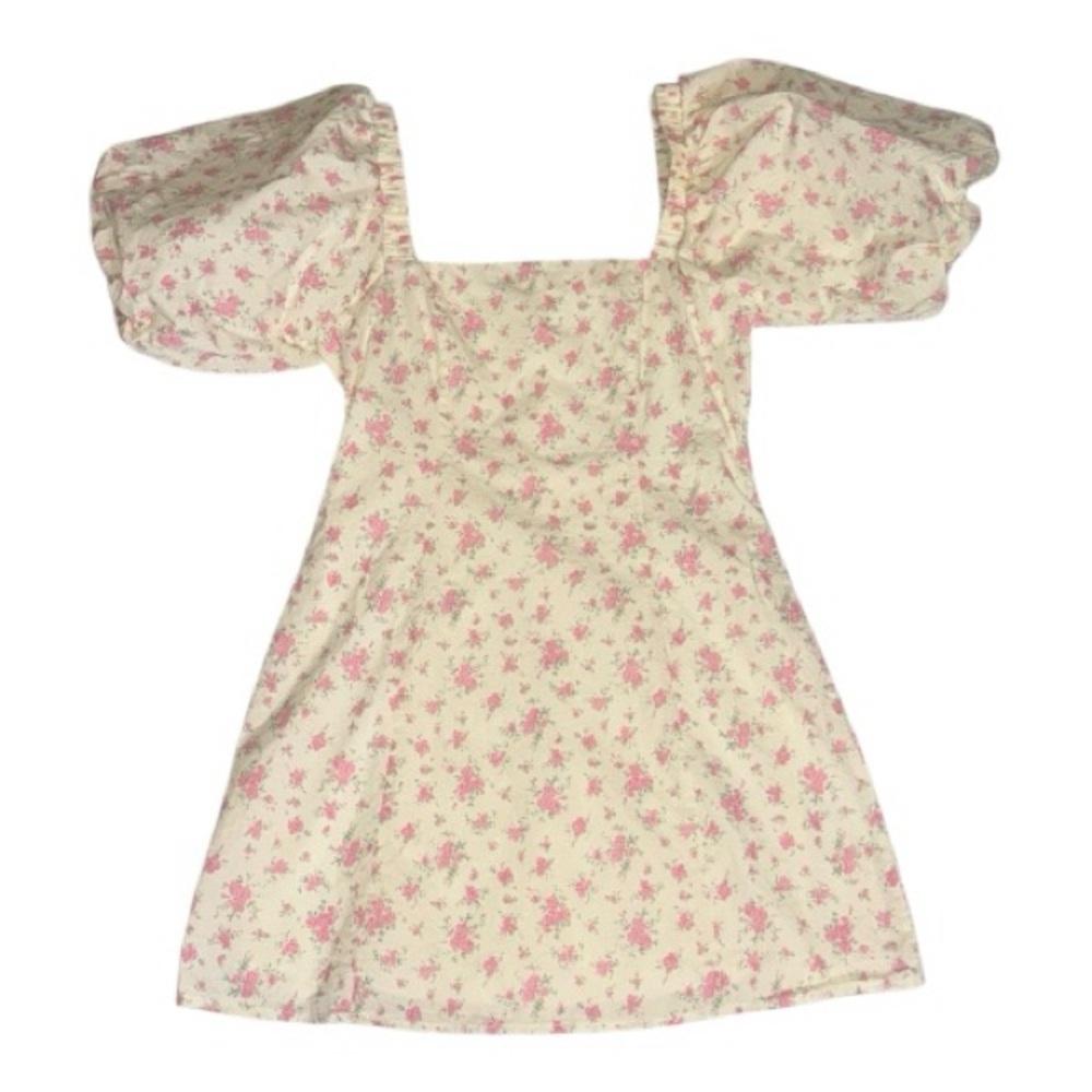 Mable Cream pink Floral square Neck Mini Dress puff sleeve size M